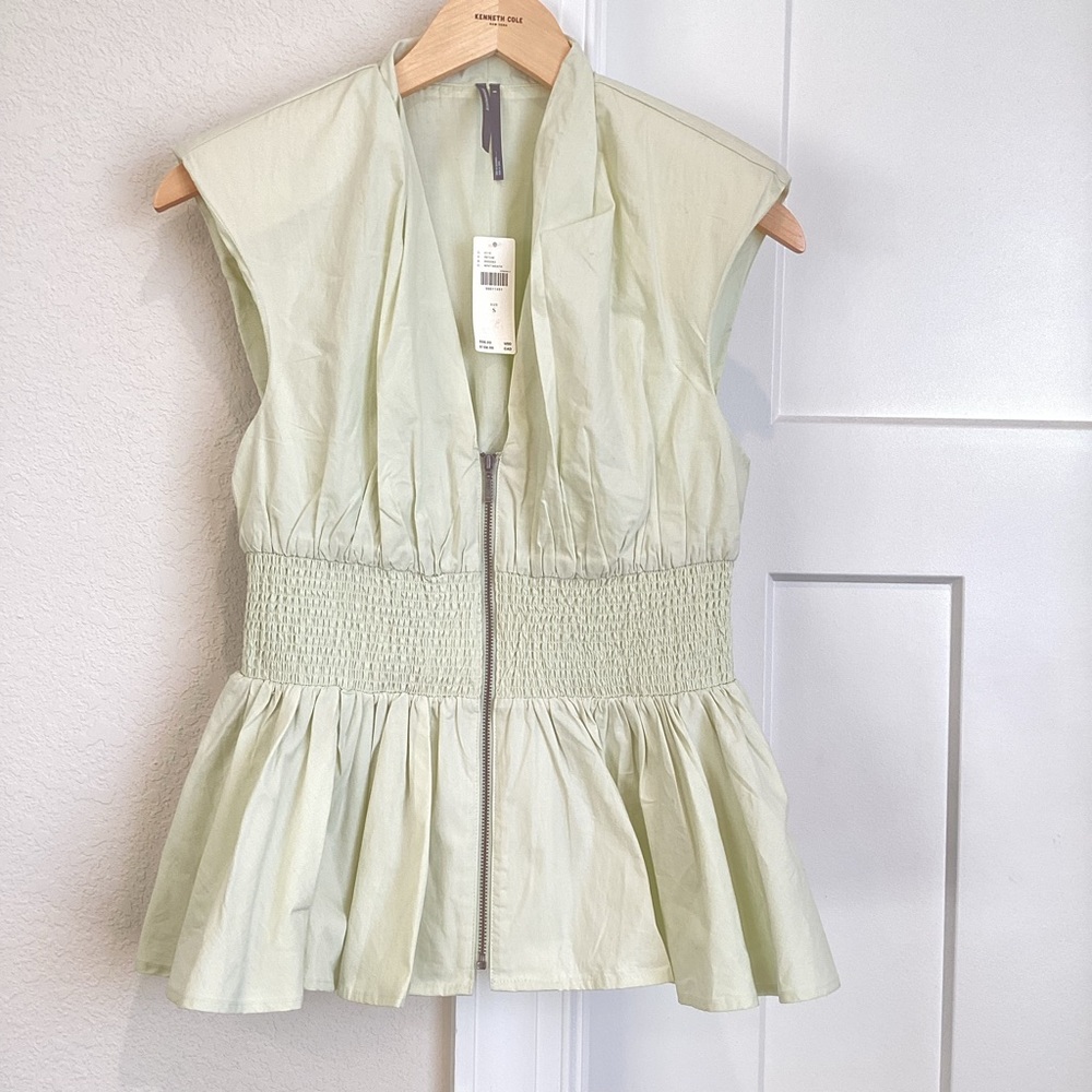 Anthropologie Tommie Cap-Sleeve Smocked Front Zip Blouse NEW Small Green Mint - Picture 5 of 13